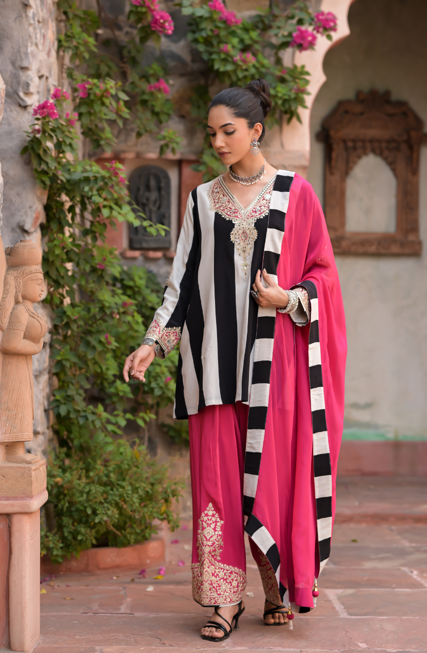 Gulab | Black & White Striped Kurta with Pink Embroidered Palazzo Set