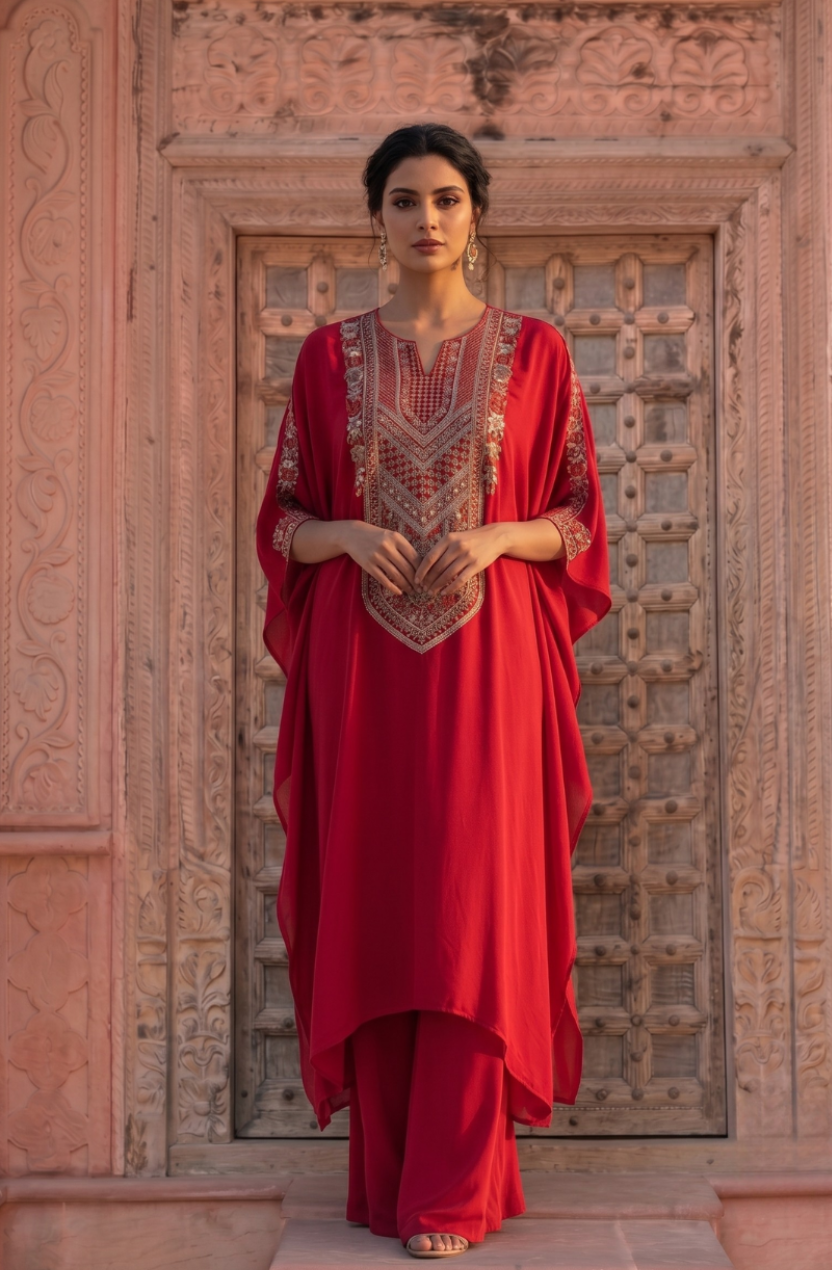 Ruby | Red Embroidered Kaftan Set with Palazzo Pants