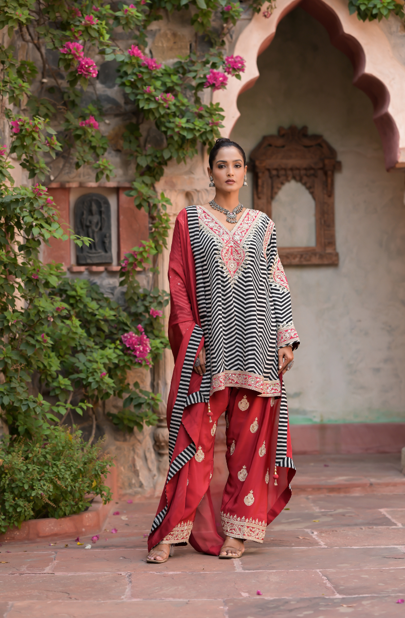Adah | Ankhira Stripes Kurta with Red Embroidered Palazzo & Dupatta Set