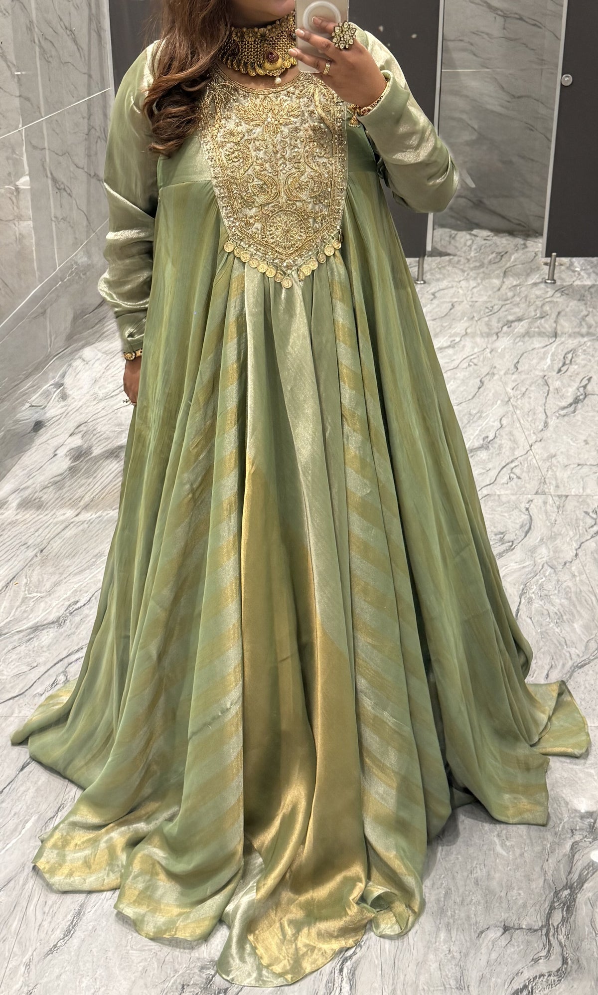 Jannat | Olive green with gold Anarkali long Gown