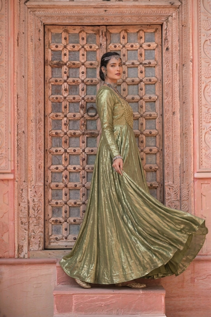 Jannat | Olive green with gold Anarkali long Gown