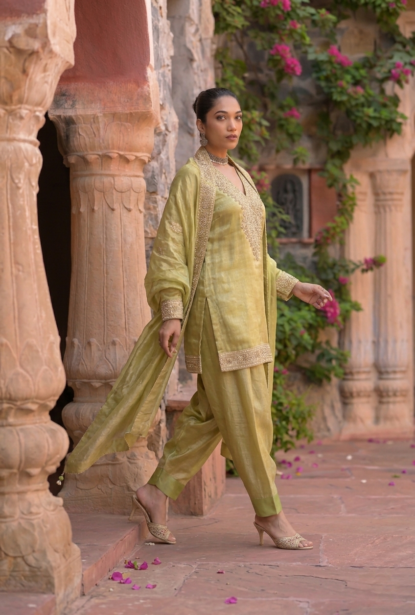 Umrao | Elegant Pastel Green Embroidered Silk Suit Set with Dupatta