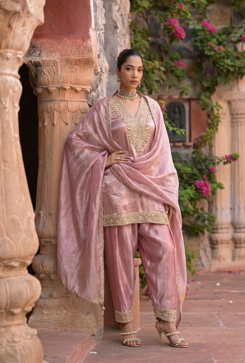Shafah | Dusty Rose Pink Embroidered Silk Farzi Suit Set with Dupatta