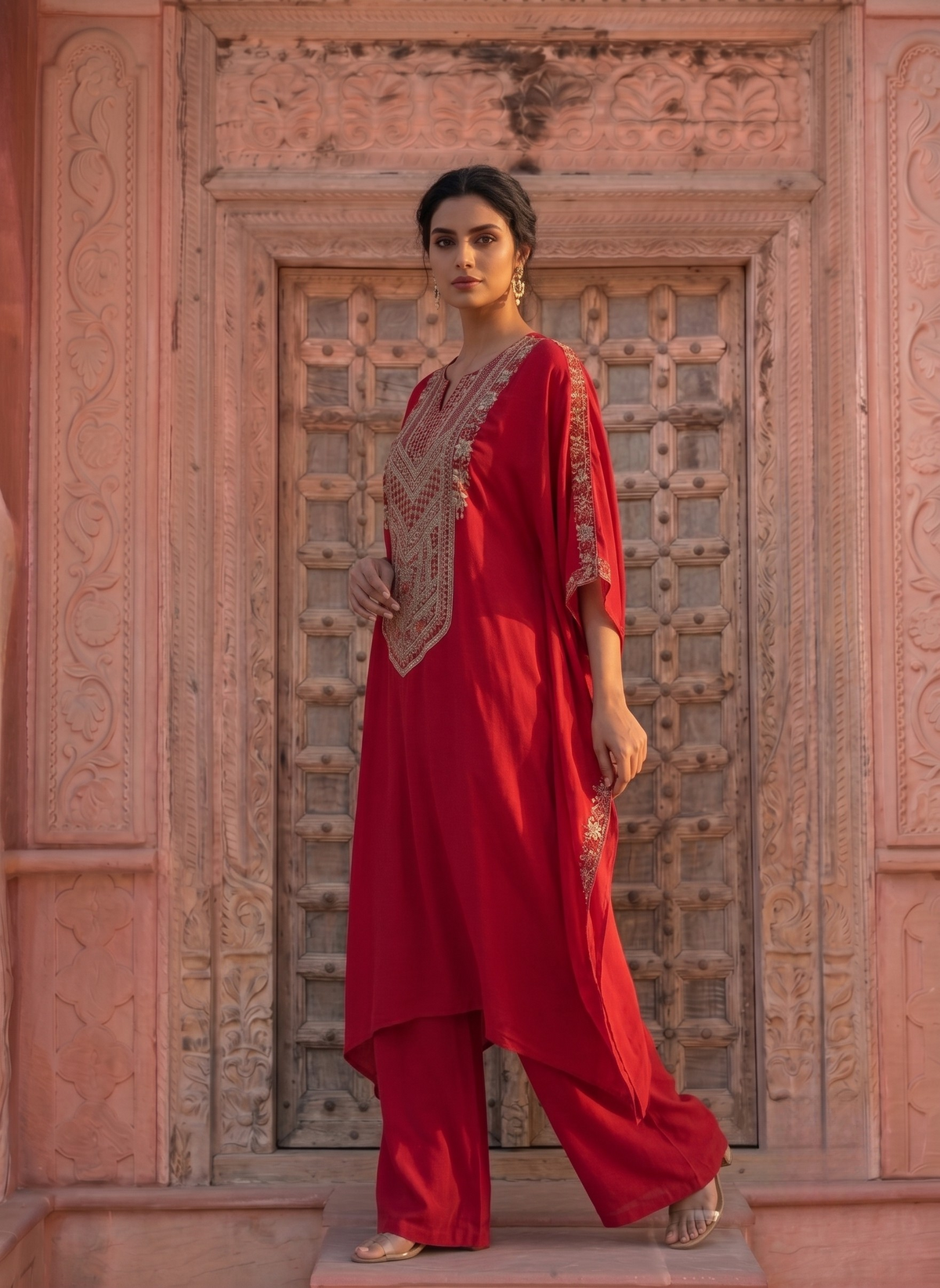 Ruby | Red Embroidered Kaftan Set with Palazzo Pants
